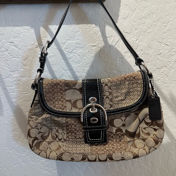 Coach purse handbag black leather with tan signature printed fabric - Picture 2 of 8